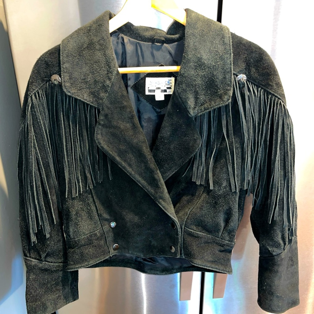 Fringe Black SUEDE jacket LEATHER Western Cowgirl Lined Medium WOMEN vintage 90s